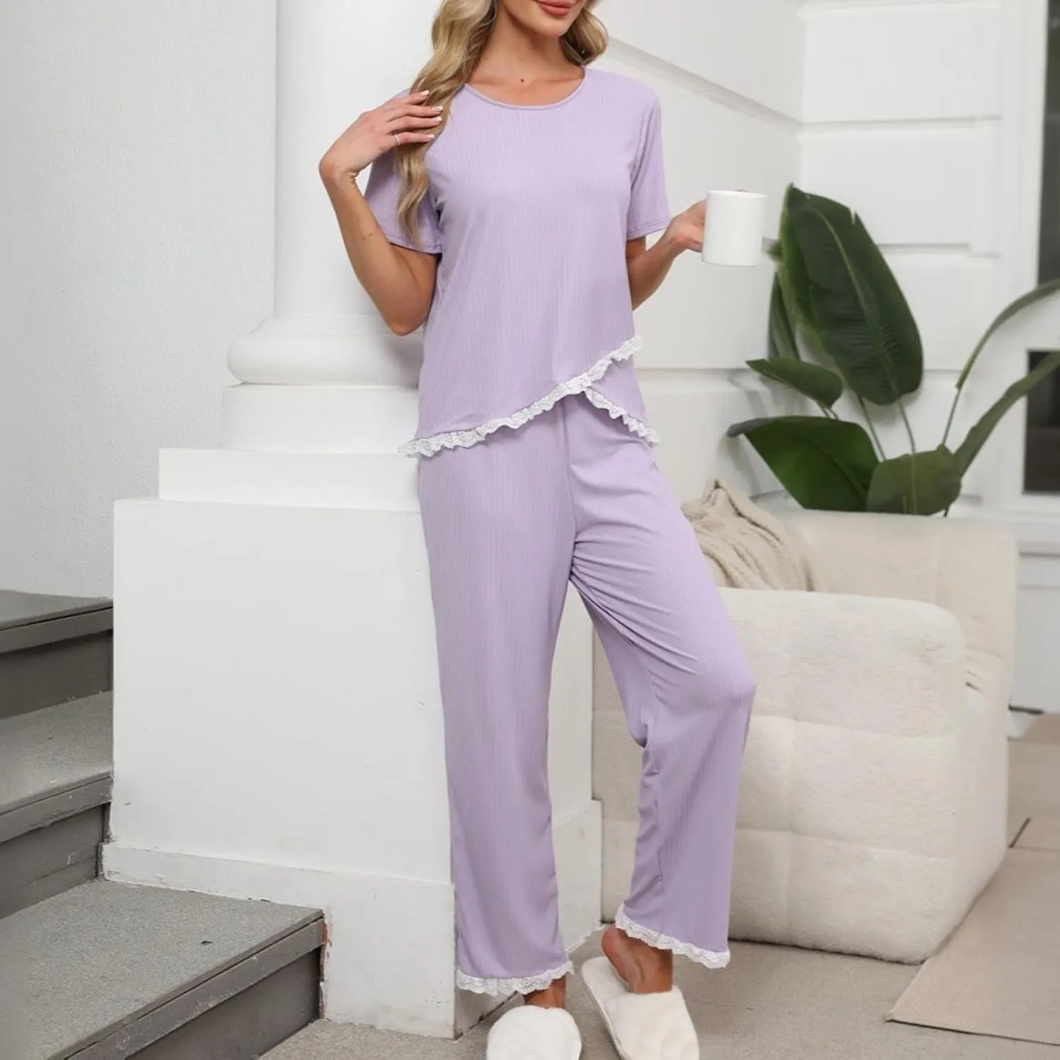 Womens Patchwork Lace Pajamas Set 2 Piece Round Neck Short Sleeve Pj and Long Pants Casual Comfy Summer Sleepwear Sets