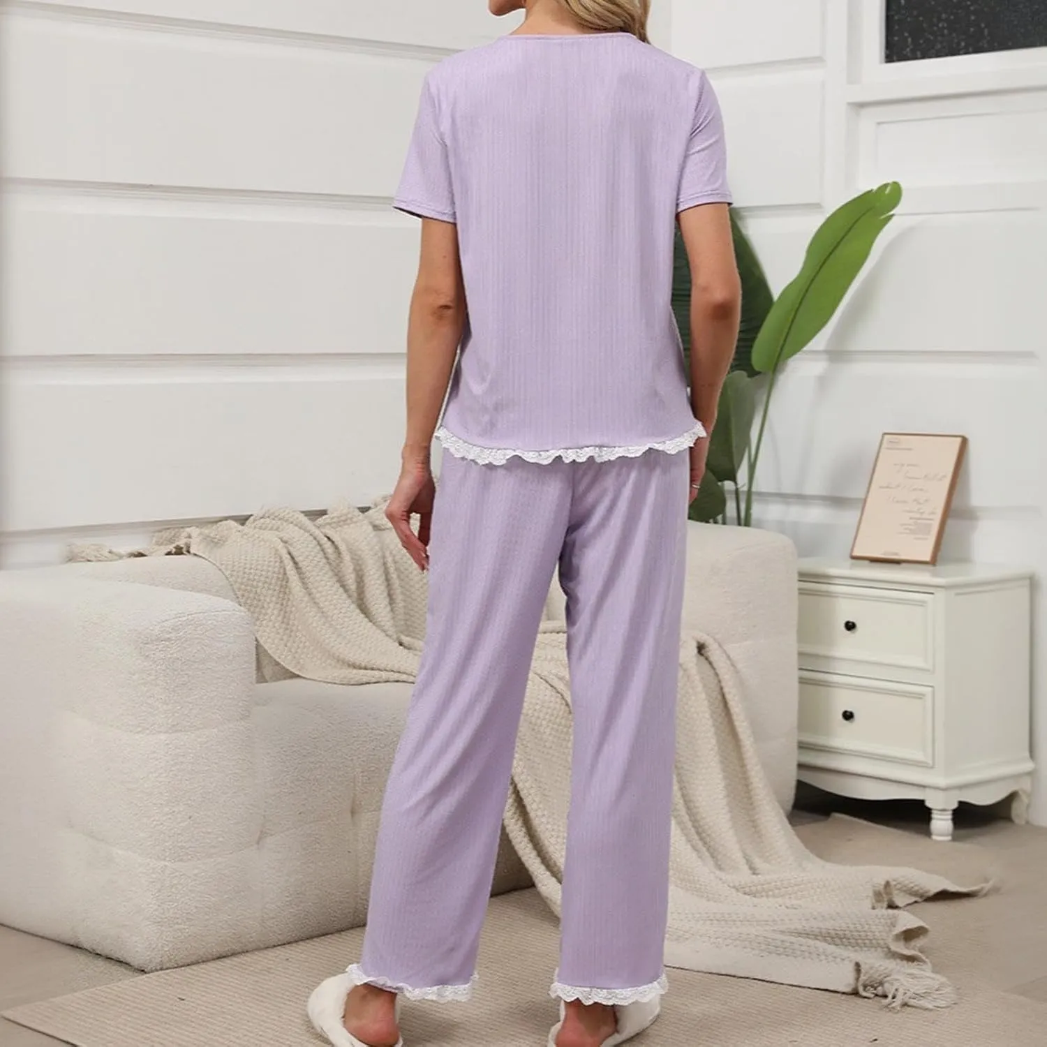 Womens Patchwork Lace Pajamas Set 2 Piece Round Neck Short Sleeve Pj and Long Pants Casual Comfy Summer Sleepwear Sets