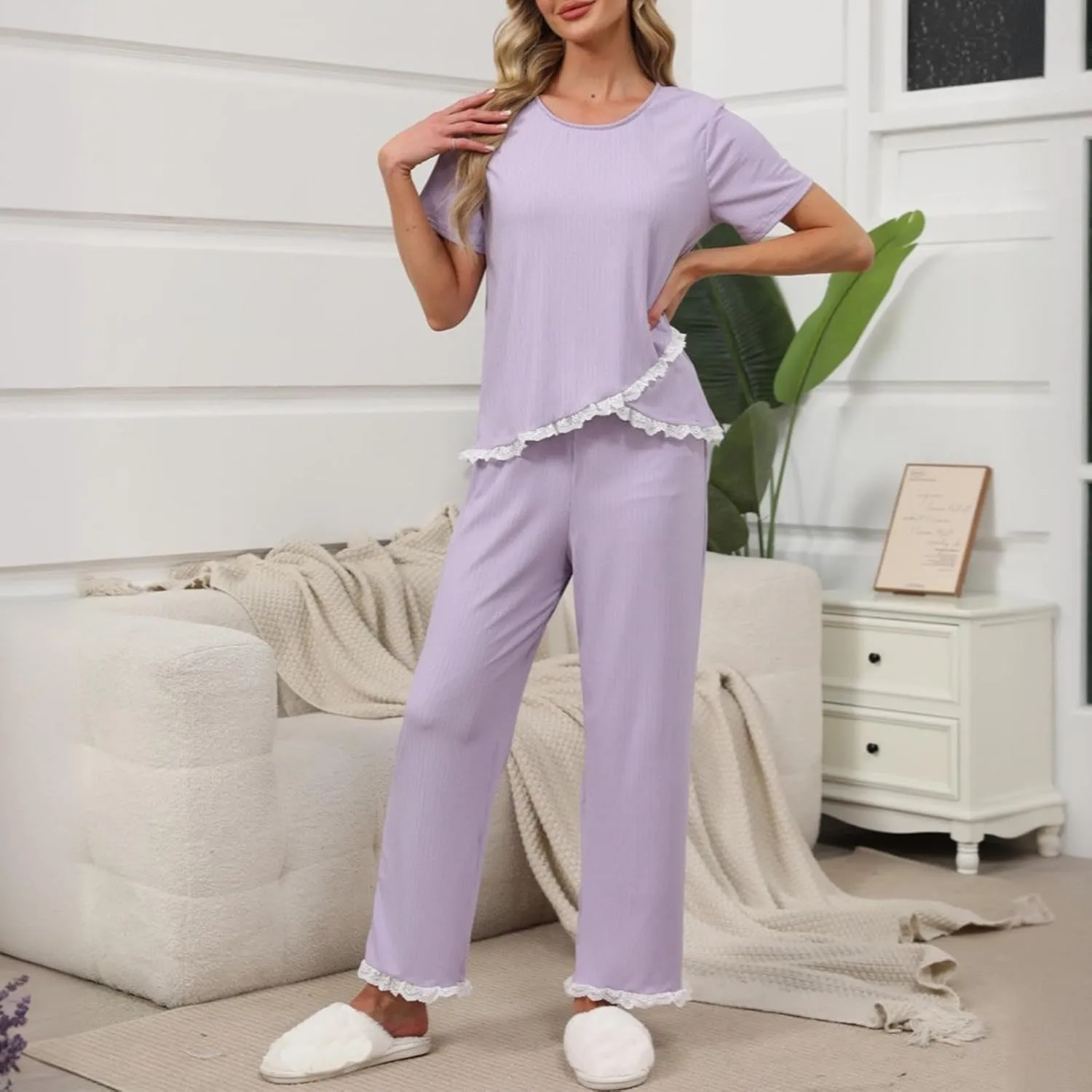 Womens Patchwork Lace Pajamas Set 2 Piece Round Neck Short Sleeve Pj and Long Pants Casual Comfy Summer Sleepwear Sets