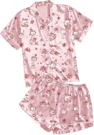 Womens Plus Size Christmas Pajamas Shorts Set,Short Sleeve Button down Santa Print Tops Sleepwear Nightwear Pjs Lounge Sets