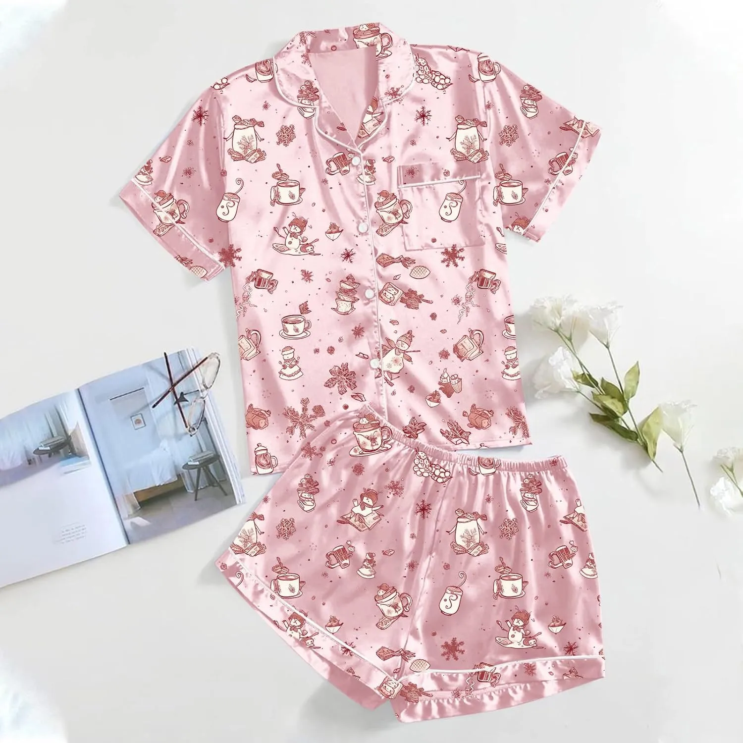 Womens Plus Size Christmas Pajamas Shorts Set,Short Sleeve Button down Santa Print Tops Sleepwear Nightwear Pjs Lounge Sets