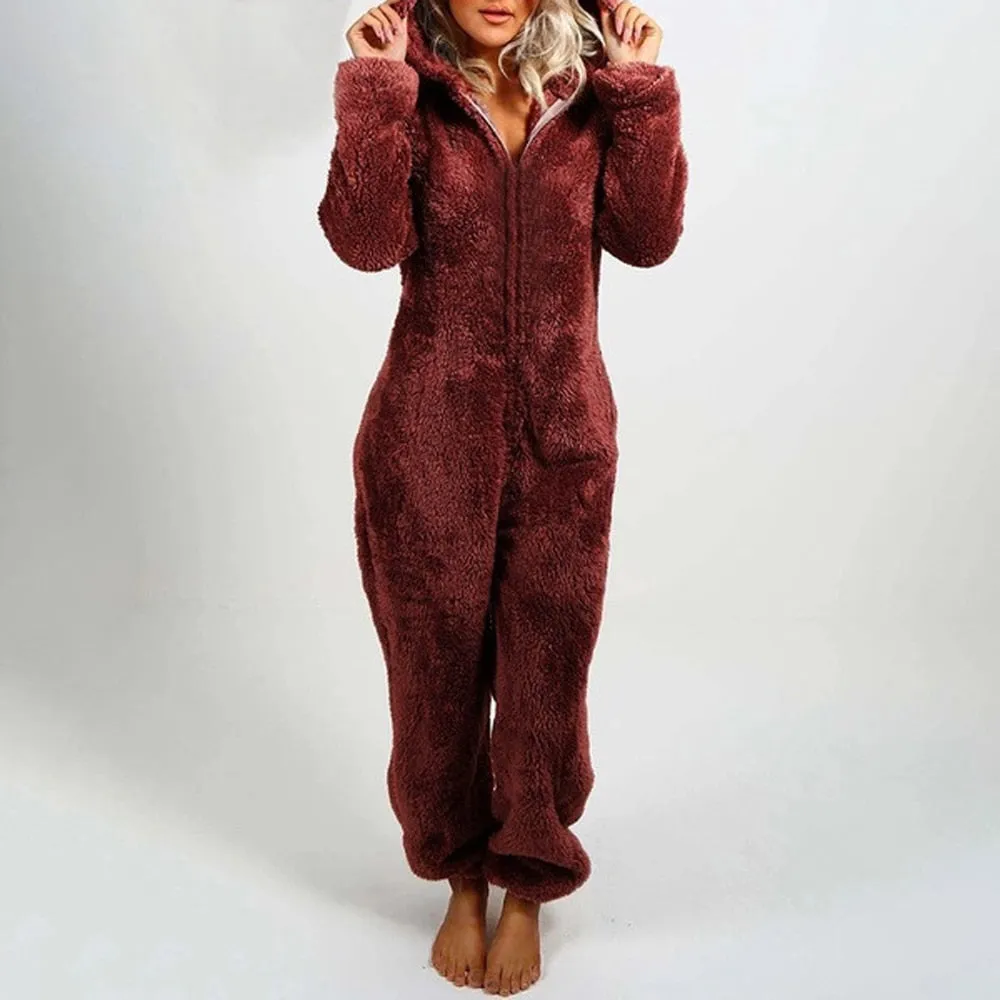 Women's Plush Romper Flannel Pajamas Long-sleeve Zipper