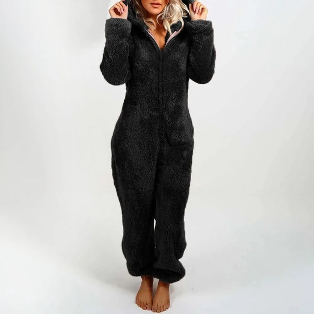 Women's Plush Romper Flannel Pajamas Long-sleeve Zipper