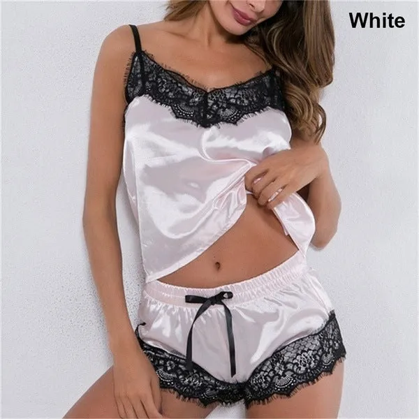 Women's Satin Pajama cami Set Silky Lace Nightwear 2 Piece Lingerie Short Sleepwear