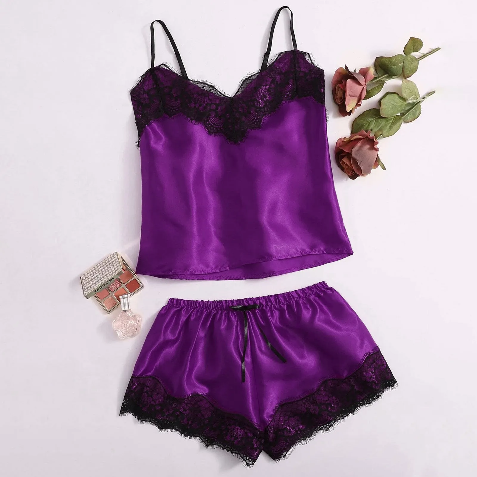 Women's Satin Pajama cami Set Silky Lace Nightwear 2 Piece Lingerie Short Sleepwear