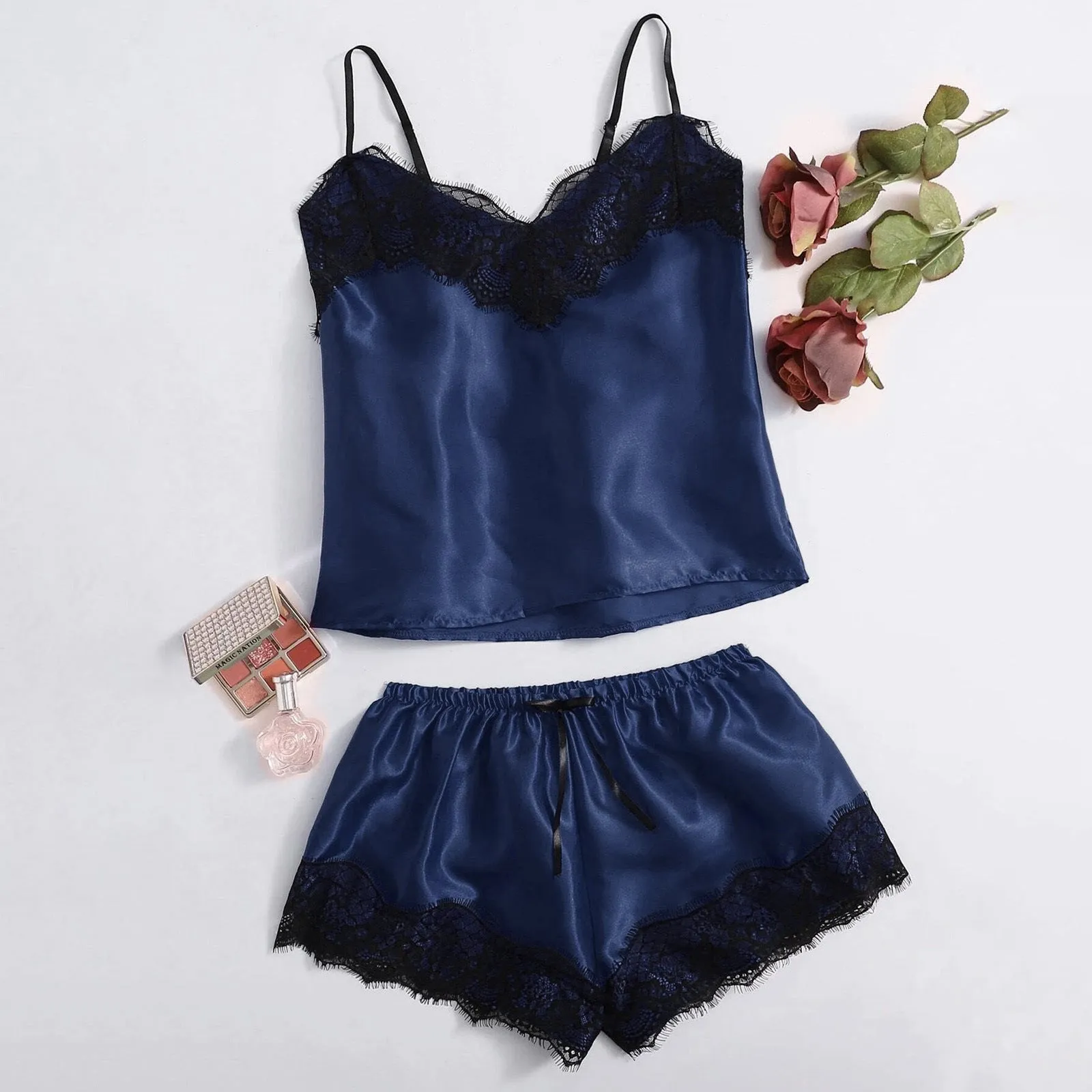 Women's Satin Pajama cami Set Silky Lace Nightwear 2 Piece Lingerie Short Sleepwear