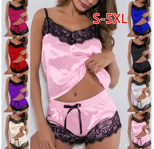 Women's Satin Pajama cami Set Silky Lace Nightwear 2 Piece Lingerie Short Sleepwear