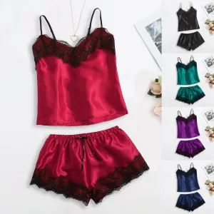 Women's Satin Pajama cami Set Silky Lace Nightwear 2 Piece Lingerie Short Sleepwear