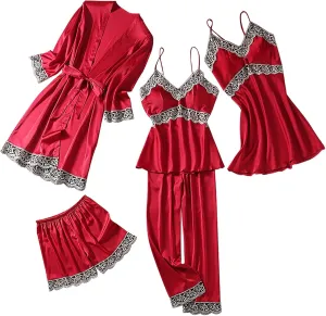 Womens Satin Pajamas 5 Piece Pjs Soft Sleepwear Lace Trim Nightgown Camisole Pants Shorts & Robe Set Nightwear