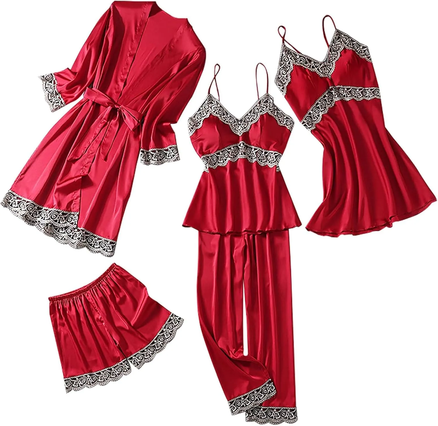 Womens Satin Pajamas 5 Piece Pjs Soft Sleepwear Lace Trim Nightgown Camisole Pants Shorts & Robe Set Nightwear