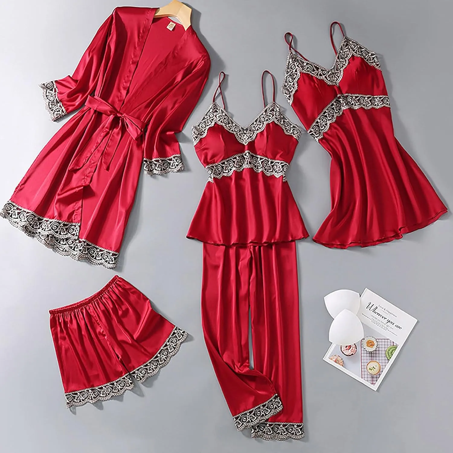 Womens Satin Pajamas 5 Piece Pjs Soft Sleepwear Lace Trim Nightgown Camisole Pants Shorts & Robe Set Nightwear
