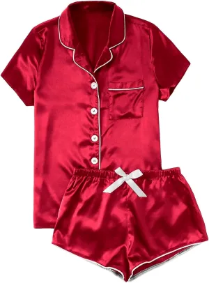 Womens Satin Plus Size Short Sleeve Shorts Pajamas Set Button down Tshirt 2piece Red Sleepwear Nightwear Soft Pjs Lounge Sets