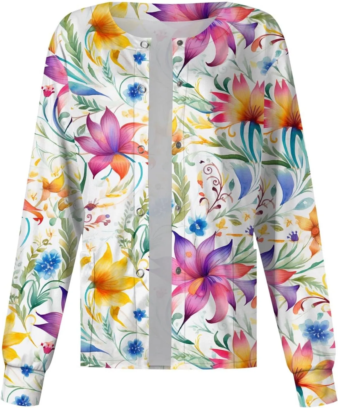 Women'S Scrub Jacket Tops Long Sleeve Floral Printed Stand-Up Collar Button Front Working Nurse Uniforms With Pockets