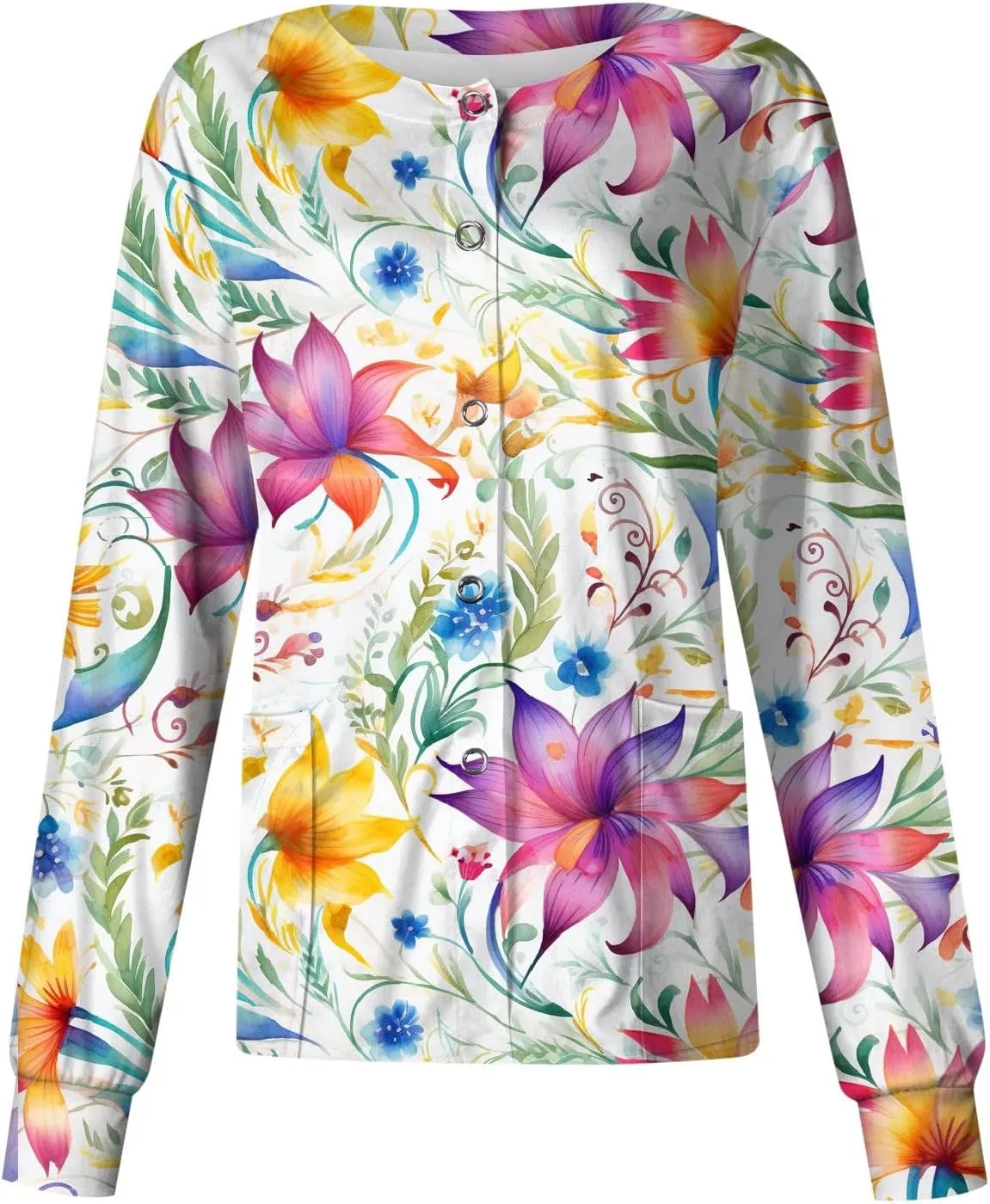 Women'S Scrub Jacket Tops Long Sleeve Floral Printed Stand-Up Collar Button Front Working Nurse Uniforms With Pockets