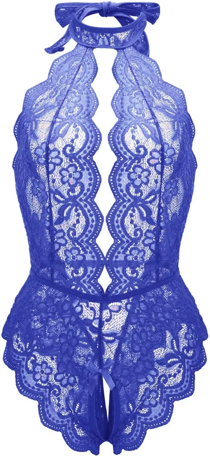 Womens Sexy Lingerie Lace Babydoll Chemise Nightie Soft Satin Bodystocking with Chain Garter Belt Nightwear