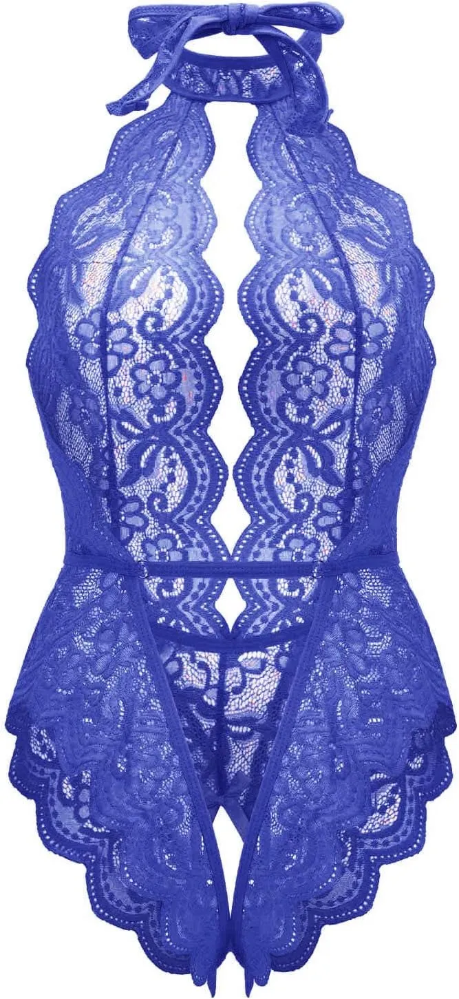 Womens Sexy Lingerie Lace Babydoll Chemise Nightie Soft Satin Bodystocking with Chain Garter Belt Nightwear