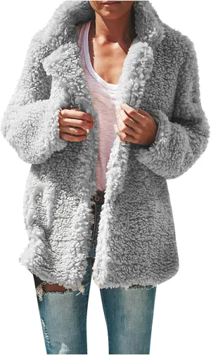 Women's Sherpa Cardigan Jacket Long Sleeve Fluffy Faux Fur Sherpa Coat Casual Lapel Coat Winter Teddy Coat Outerwear