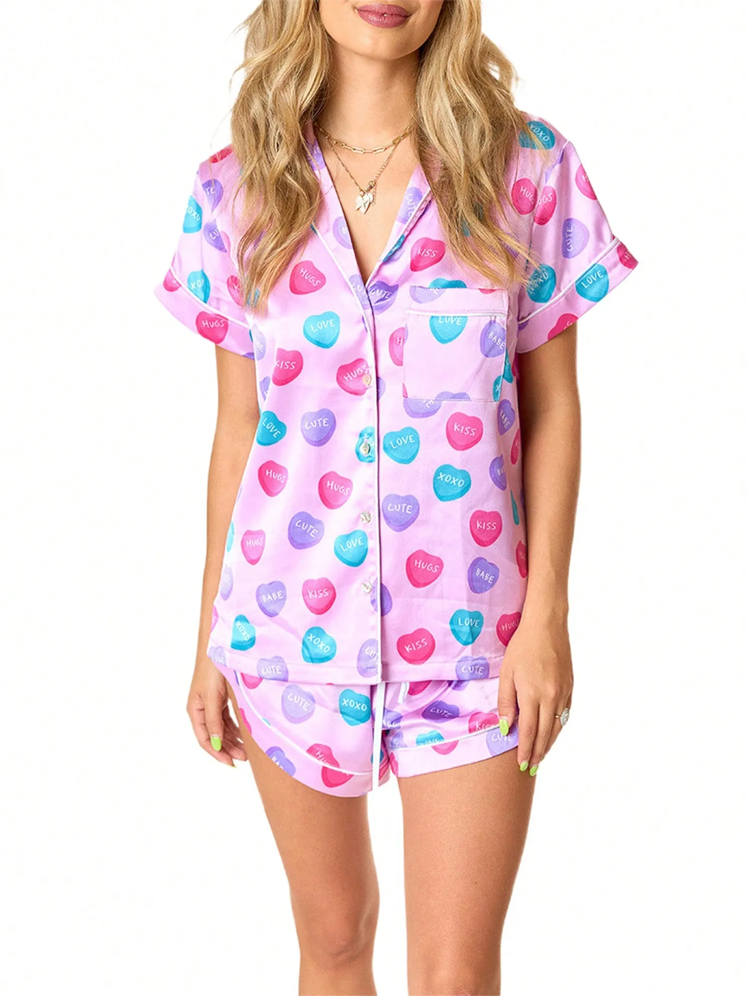 Women's Short Sleeve Pajama Set – Button-Down Top & Elastic Waist Shorts, 2-Piece Sleepwear