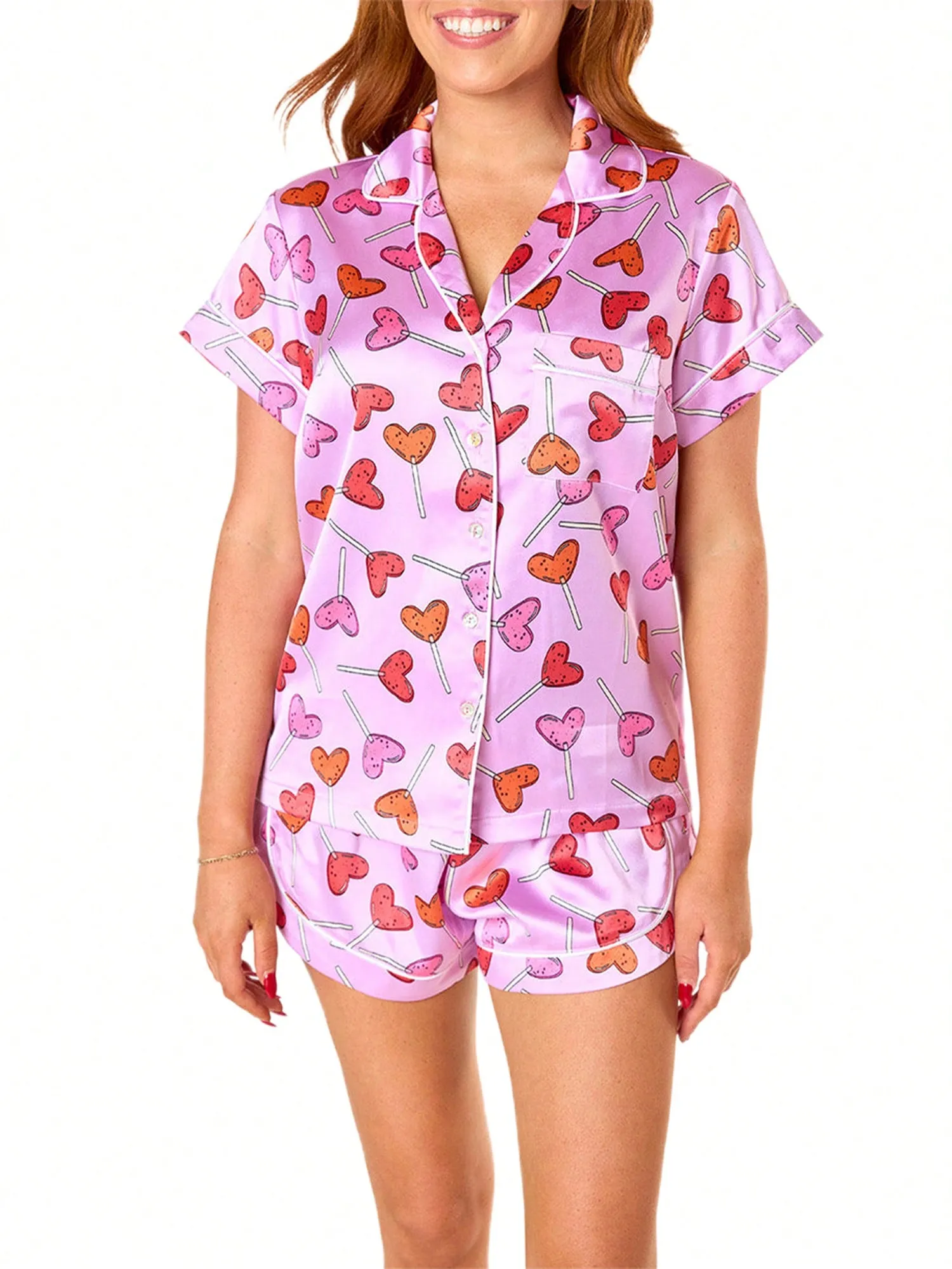 Women's Short Sleeve Pajama Set – Button-Down Top & Elastic Waist Shorts, 2-Piece Sleepwear