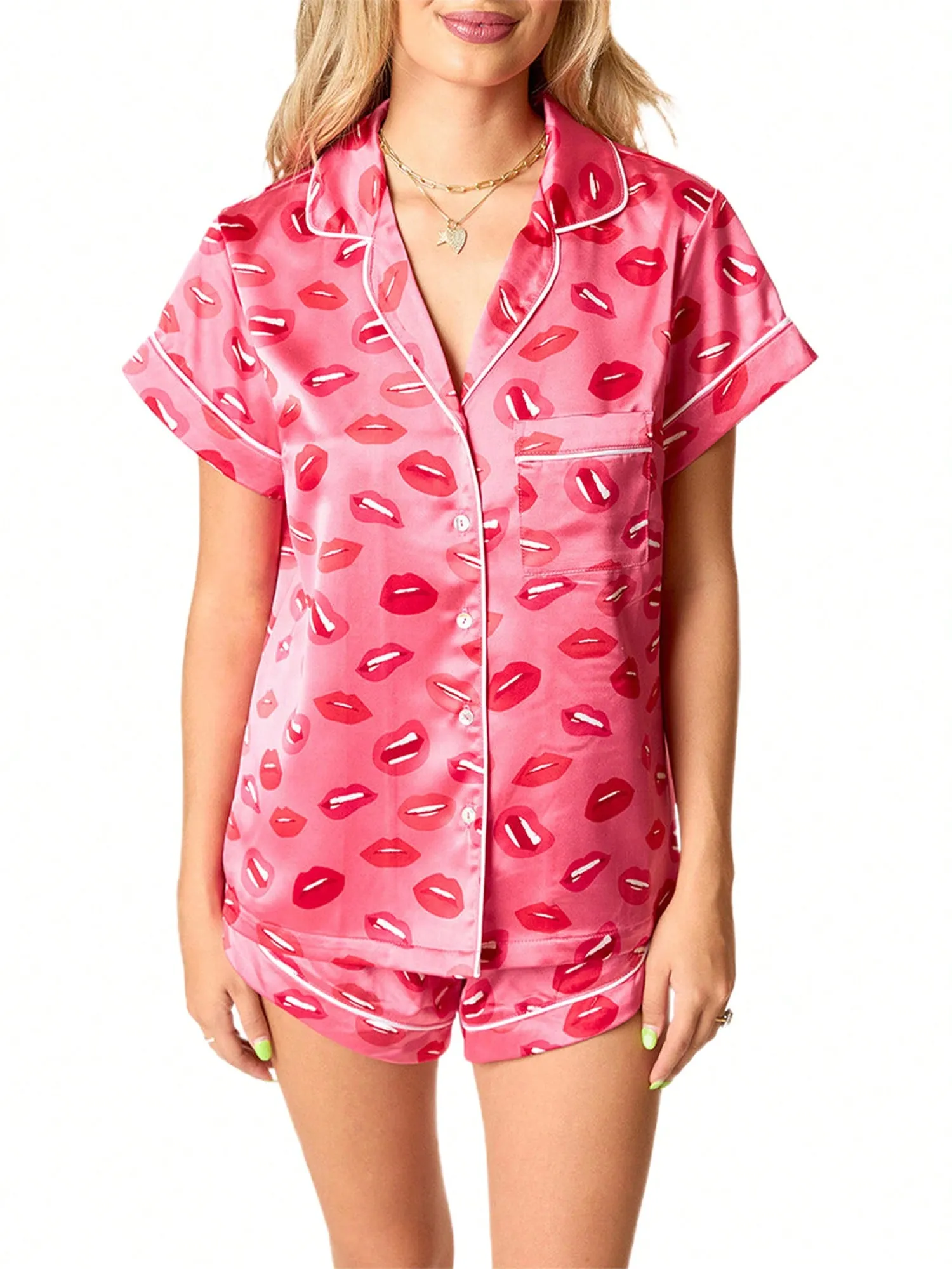 Women's Short Sleeve Pajama Set – Button-Down Top & Elastic Waist Shorts, 2-Piece Sleepwear