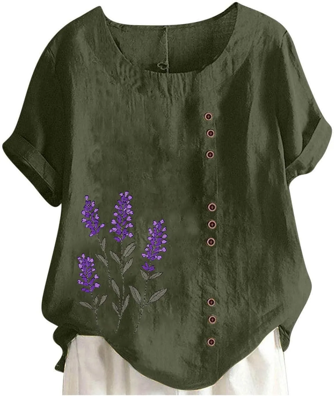 Womens Short Sleeve Shirt Cotton Linen Summer Casual Blouse Fitted Breathable Cotton Gauze Tops