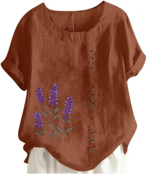 Womens Short Sleeve Shirt Cotton Linen Summer Casual Blouse Fitted Breathable Cotton Gauze Tops