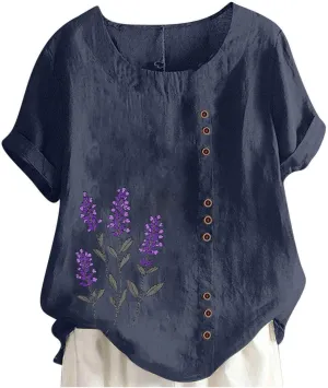 Womens Short Sleeve Shirt Cotton Linen Summer Casual Blouse Fitted Breathable Cotton Gauze Tops