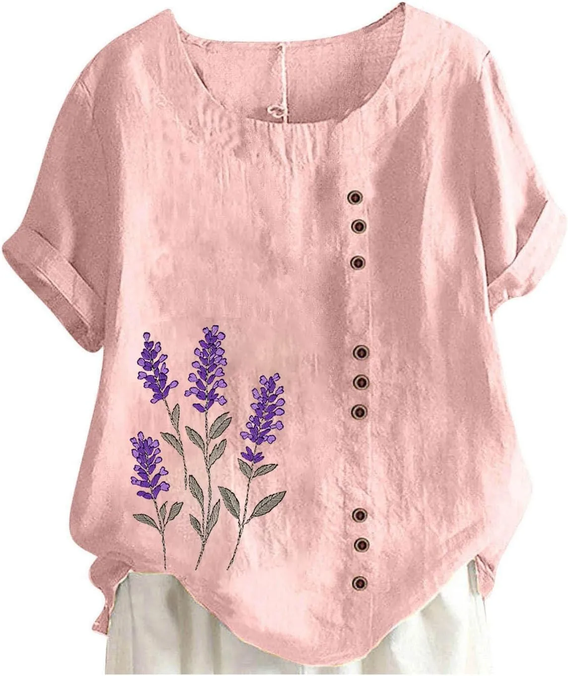 Womens Short Sleeve Shirt Cotton Linen Summer Casual Blouse Fitted Breathable Cotton Gauze Tops