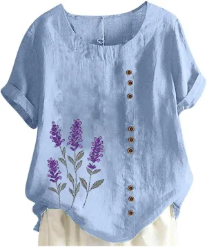Womens Short Sleeve Shirt Cotton Linen Summer Casual Blouse Fitted Breathable Cotton Gauze Tops