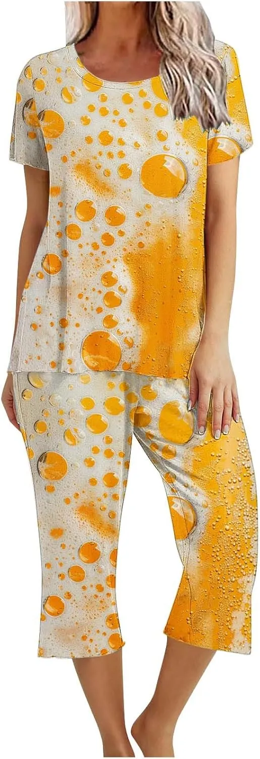 Women's Sleep Set Short Sleeve Tops with Capri Pants Pajamas Outfits 2 Piece Lounge Outfits Soft Cute Pjs Loungewear