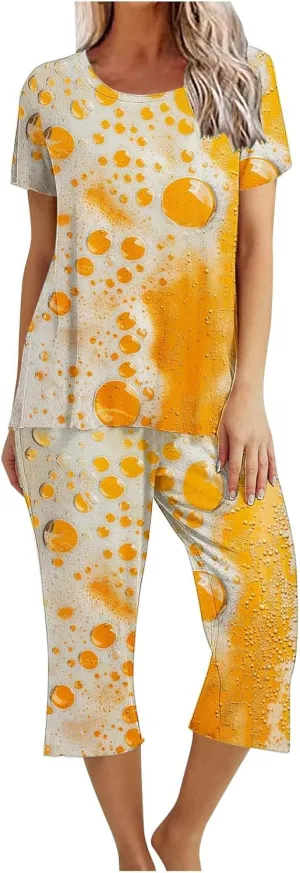 Women's Sleep Set Short Sleeve Tops with Capri Pants Pajamas Outfits 2 Piece Lounge Outfits Soft Cute Pjs Loungewear