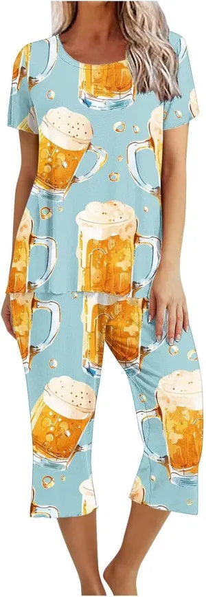 Women's Sleep Set Short Sleeve Tops with Capri Pants Pajamas Outfits 2 Piece Lounge Outfits Soft Cute Pjs Loungewear