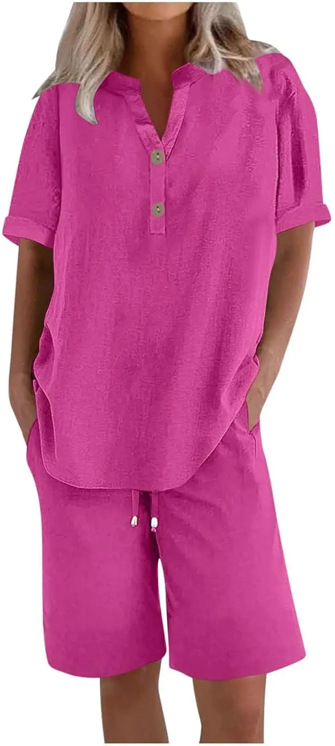 Womens Summer Outfits Cotton Linen Short Sleeve Button Down Shirt with Bermuda Shorts 2 Piece Lounge Set with Pockets