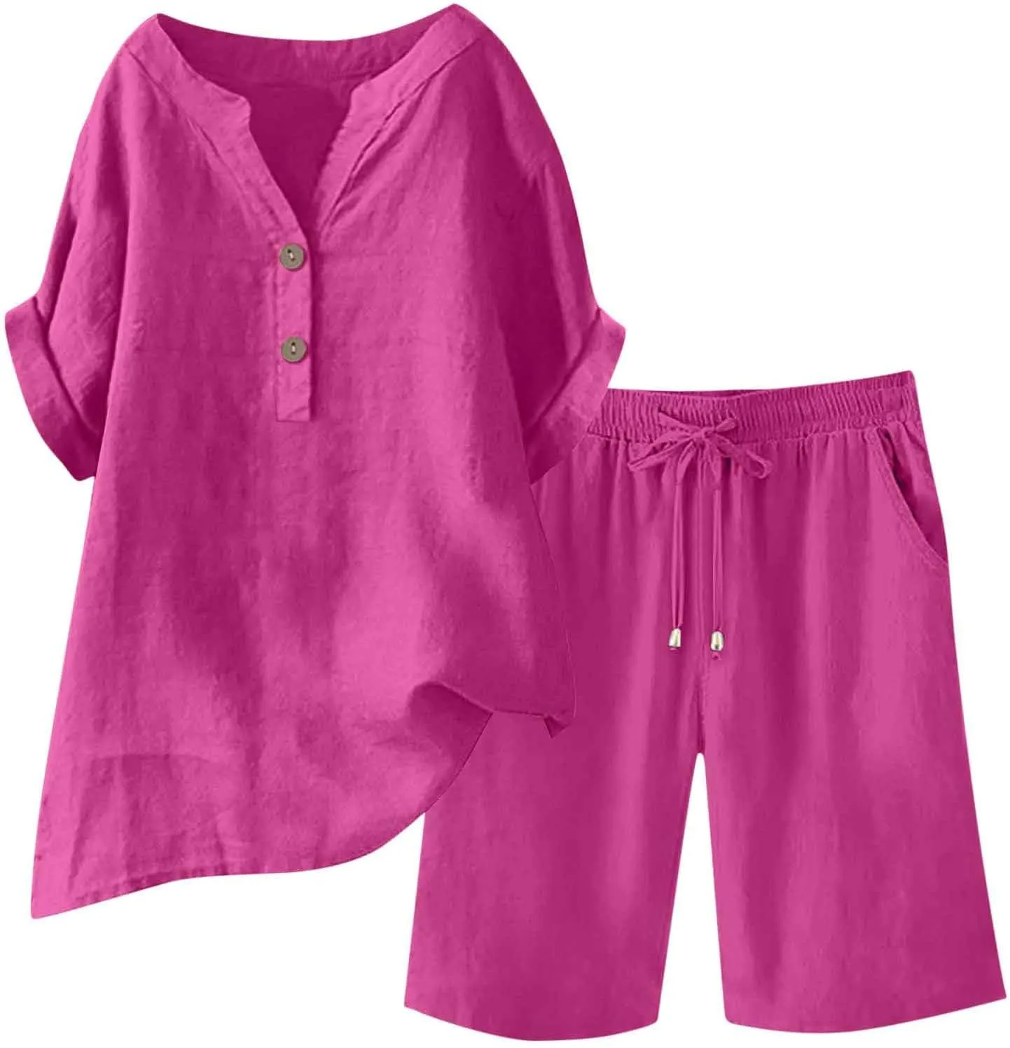 Womens Summer Outfits Cotton Linen Short Sleeve Button Down Shirt with Bermuda Shorts 2 Piece Lounge Set with Pockets