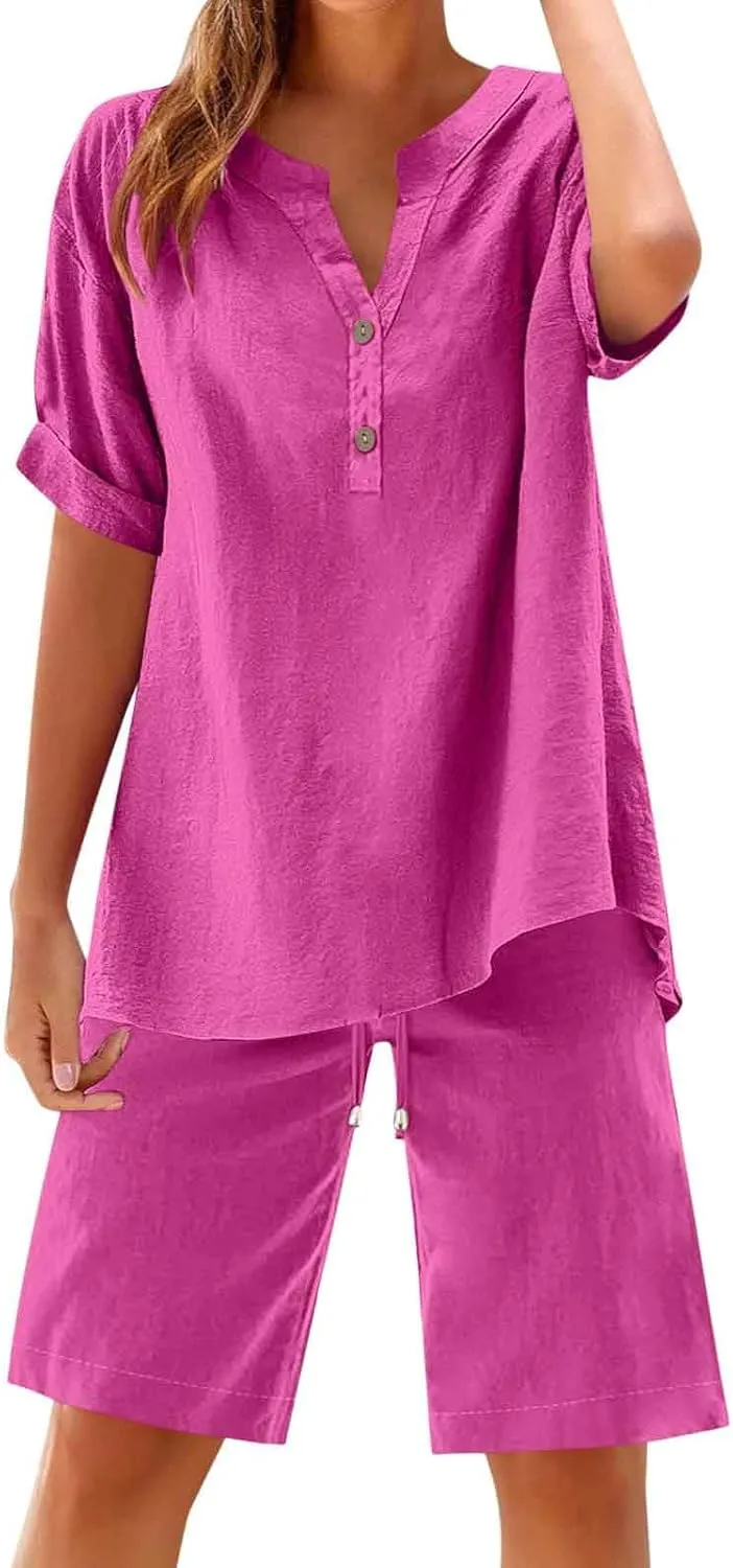 Womens Summer Outfits Cotton Linen Short Sleeve Button Down Shirt with Bermuda Shorts 2 Piece Lounge Set with Pockets