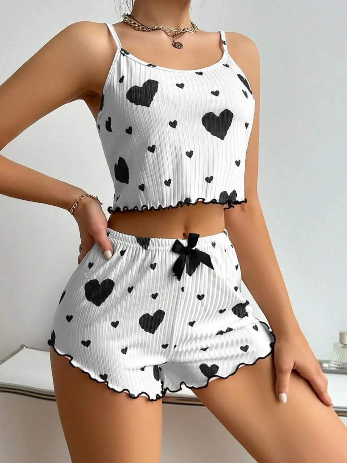 Womens Summer Pajama Sets Cute Heart Print Rib Knit Sleepwear 2 Piece Soft Pj Set Lettuce Trim Cami Top and Shorts