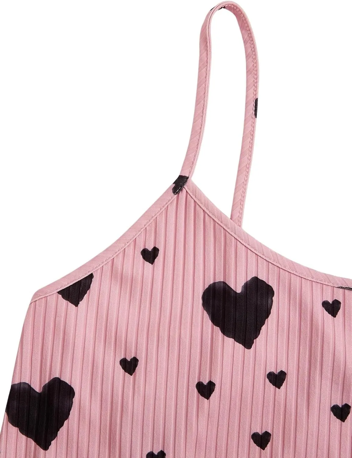 Womens Summer Pajama Sets Cute Heart Print Rib Knit Sleepwear 2 Piece Soft Pj Set Lettuce Trim Cami Top and Shorts