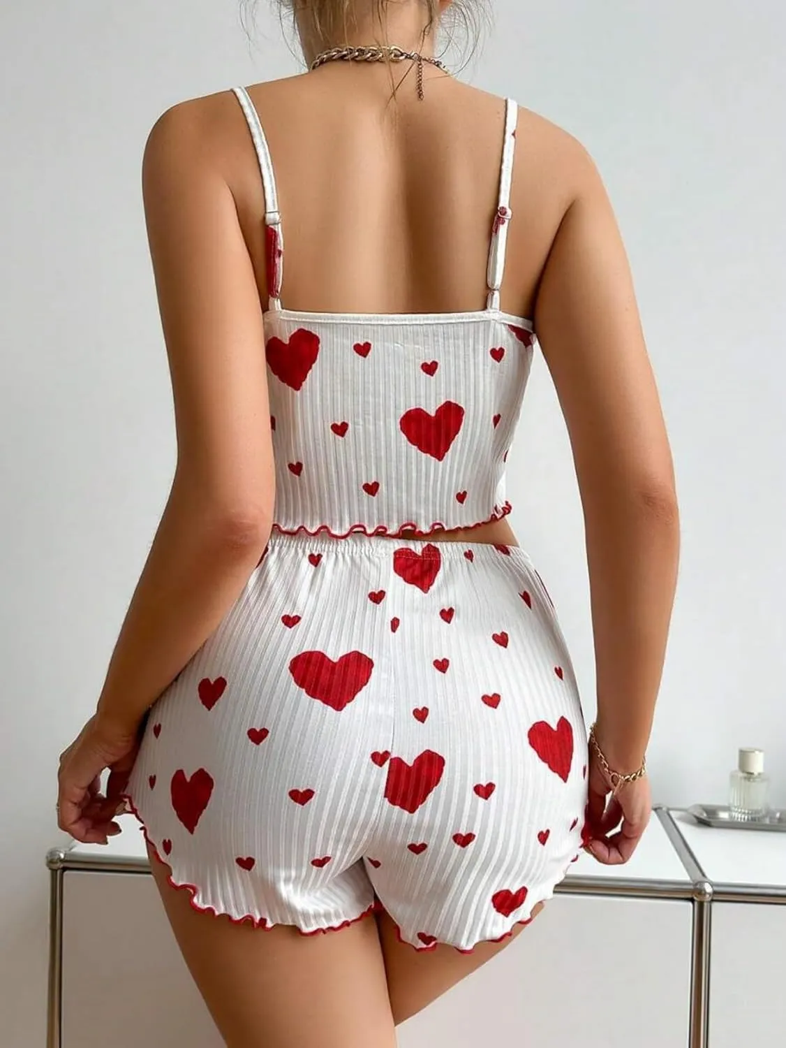 Womens Summer Pajama Sets Cute Heart Print Rib Knit Sleepwear 2 Piece Soft Pj Set Lettuce Trim Cami Top and Shorts