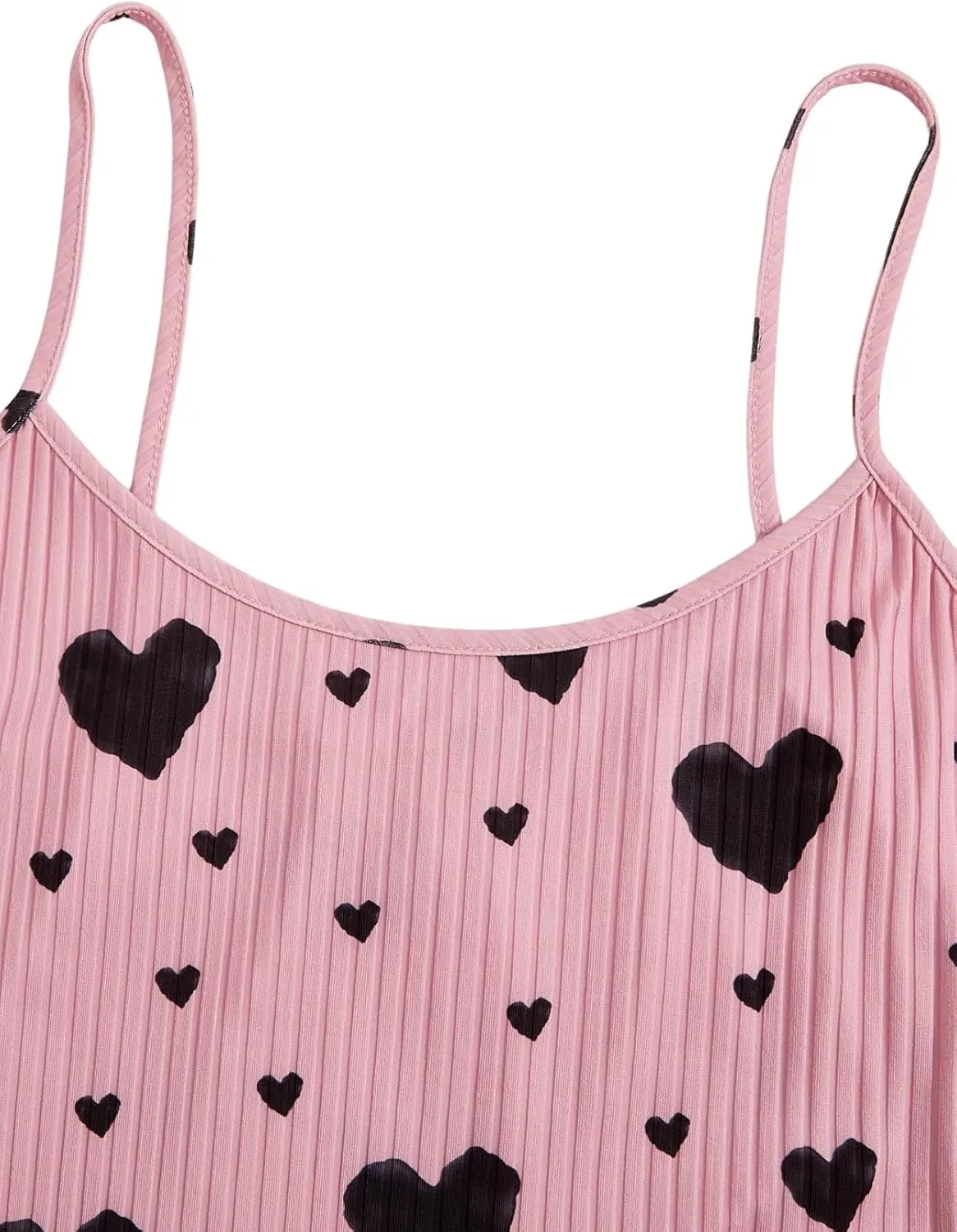 Womens Summer Pajama Sets Cute Heart Print Rib Knit Sleepwear 2 Piece Soft Pj Set Lettuce Trim Cami Top and Shorts