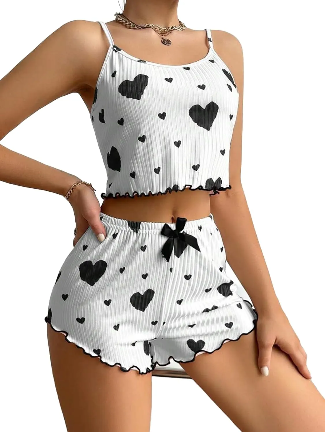 Womens Summer Pajama Sets Cute Heart Print Rib Knit Sleepwear 2 Piece Soft Pj Set Lettuce Trim Cami Top and Shorts