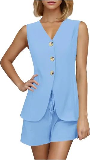 Womens Summer Sets 2 Piece Outfits Sleeveless Button Down V Neck Vest Tops with Shorts Casual Work Clothing