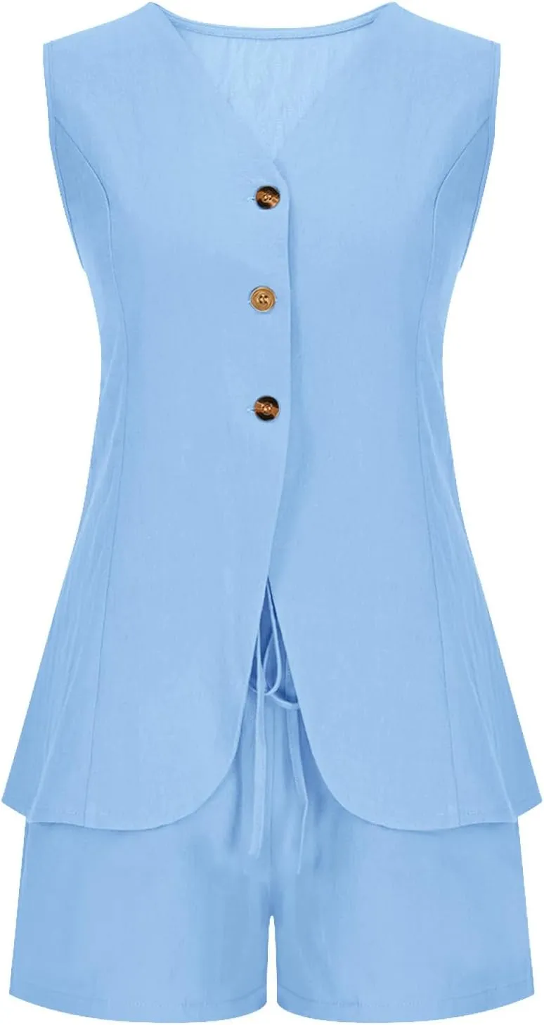 Womens Summer Sets 2 Piece Outfits Sleeveless Button Down V Neck Vest Tops with Shorts Casual Work Clothing