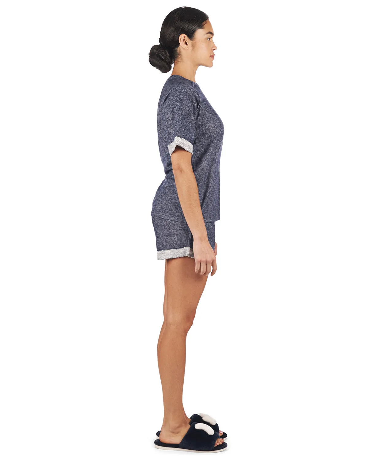 Women's Terry Slub Knit Two-Tone Matching Short and T-Shirt Set
