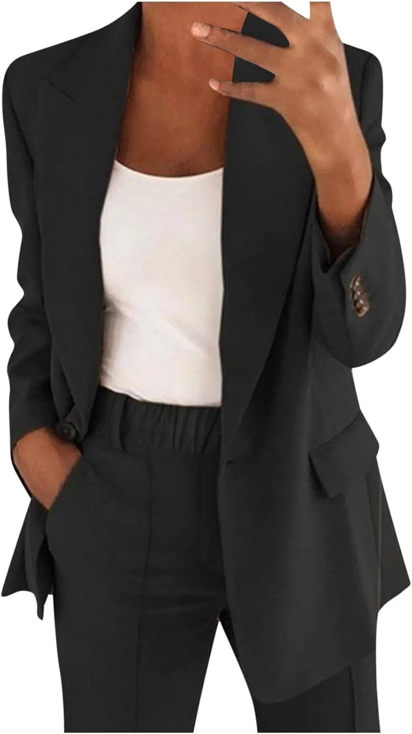 Women's Two Piece Outfits Blazer Jacket and Straight Leg Pants Suits 2024 Spring Fall Business Casual Suit Sets