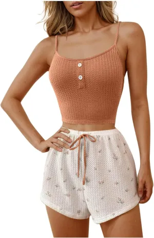 Womens Waffle Pajama Sets Spaghetti Strap Buttons Sleeveless Tops and Floral Print Shorts Casual 2 Piece Nightwear Set