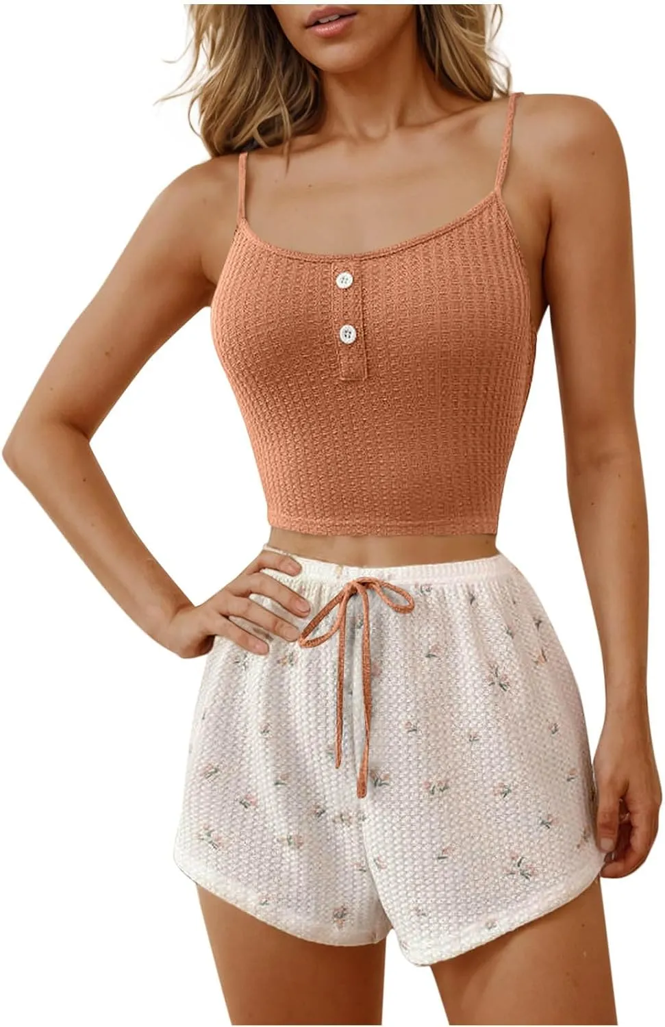 Womens Waffle Pajama Sets Spaghetti Strap Buttons Sleeveless Tops and Floral Print Shorts Casual 2 Piece Nightwear Set
