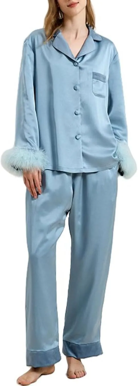 Womens Warm Pajama Set Feather Trim Button Down Long Sleeve Shirt Pants 2 Piece Satin Pajamas (Fleece Lined)