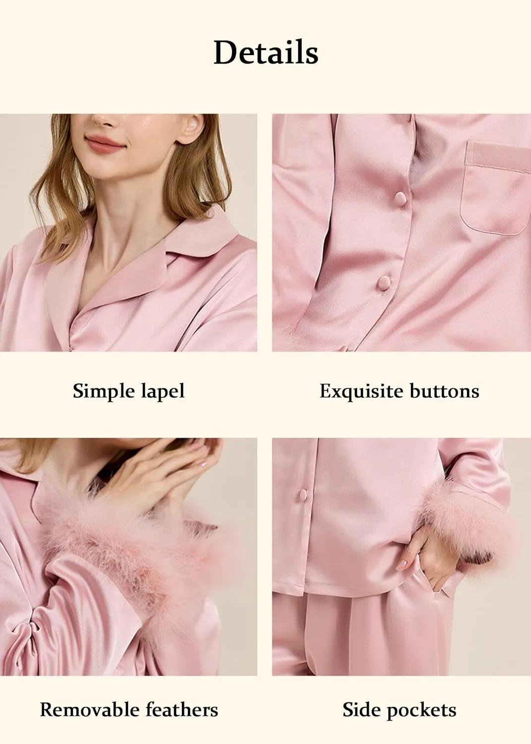 Womens Warm Pajama Set Feather Trim Button Down Long Sleeve Shirt Pants 2 Piece Satin Pajamas (Fleece Lined)