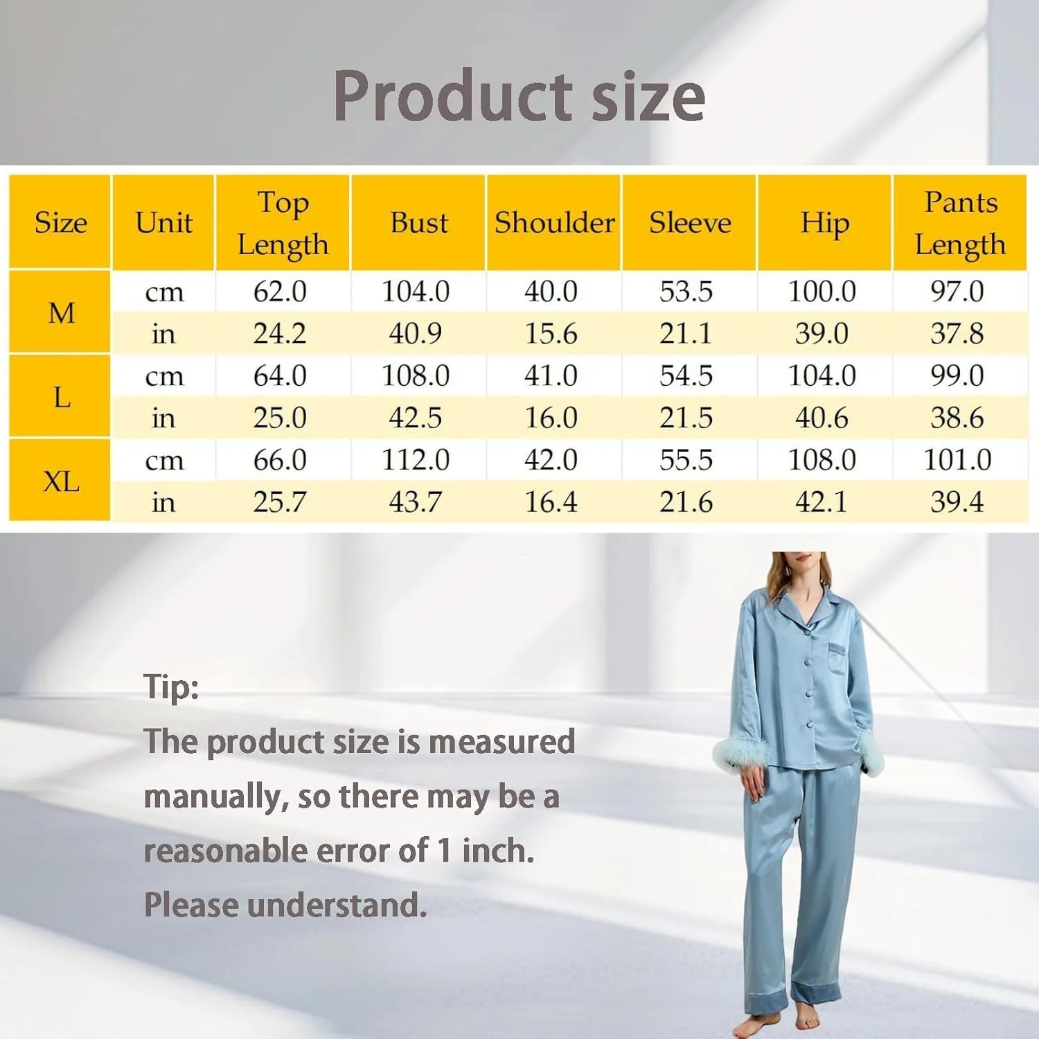 Womens Warm Pajama Set Feather Trim Button Down Long Sleeve Shirt Pants 2 Piece Satin Pajamas (Fleece Lined)