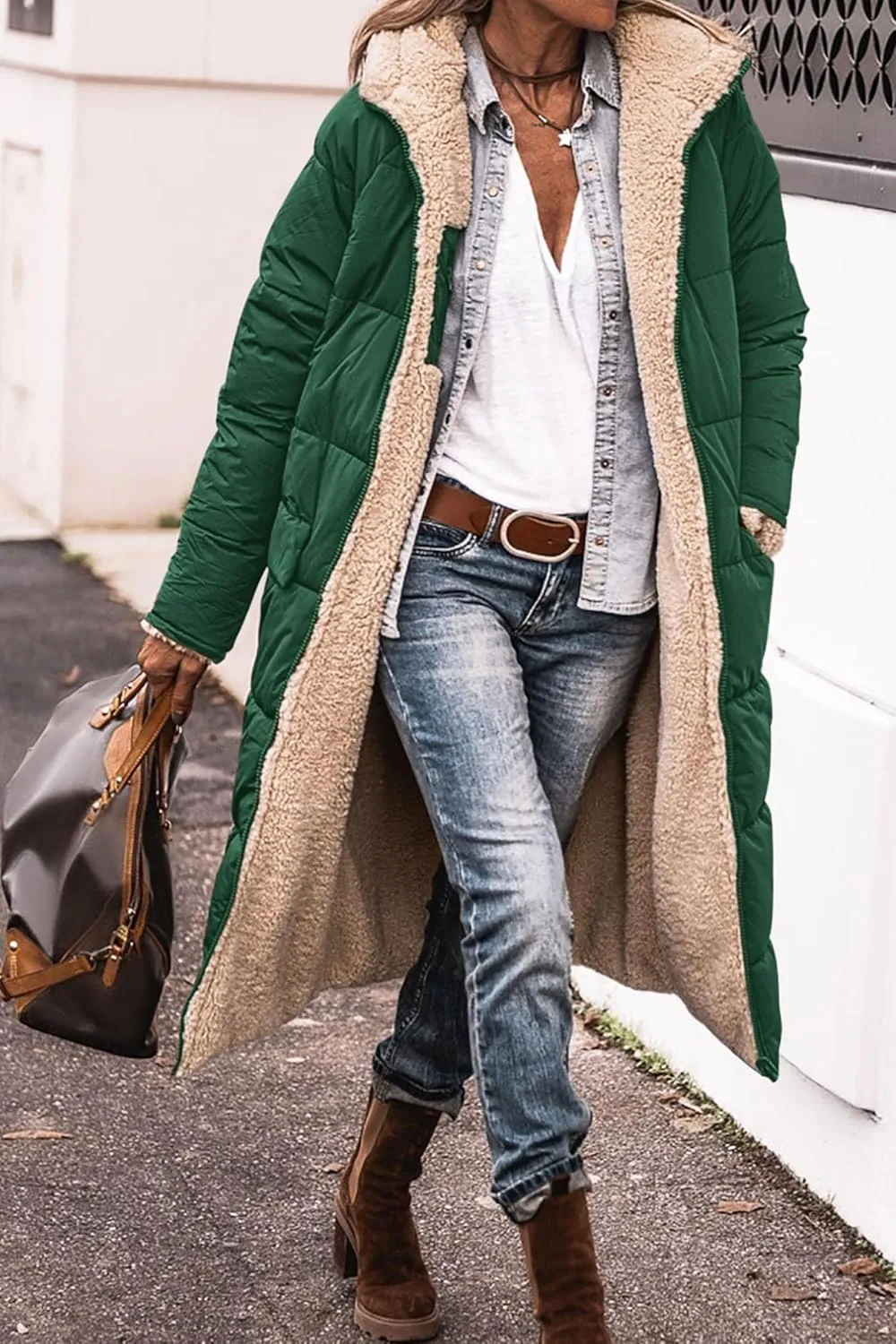 Women's Winter Hooded Quilted Coat Fleece Lined Long Puffer Jacket Winter Fashion Warm Reversible Zip Up Padded Coat